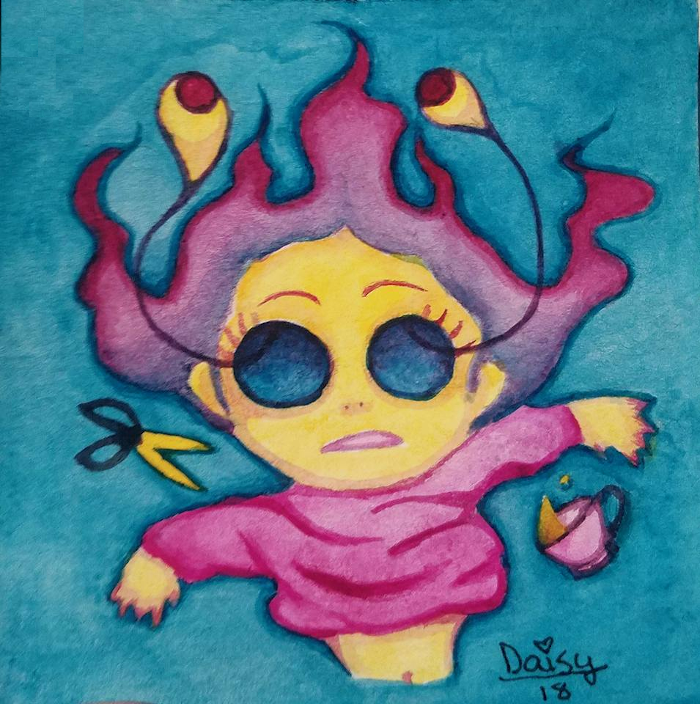 watercolor painting of a girl with floating hair and eyes floating out of her face like two balloons, 
            around her are a floating cup and scissors.